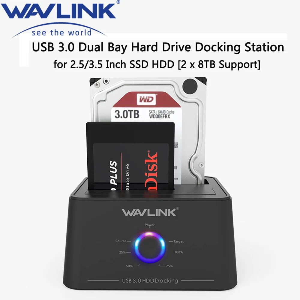 High Speed USB 3.0 to SATA Dual Bay External Hard Drive Docking Station 5Gbps for 2.5/3.5" SSD HDD Fast Offline Clone