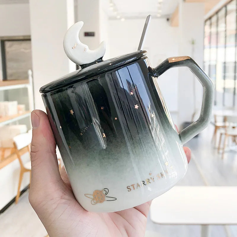 Light Luxury Painted Gold Ceramic Mug,Korean Style Black Mugs,Moon Coffee Cup Creative Mugs Business Office Cup Drinkware