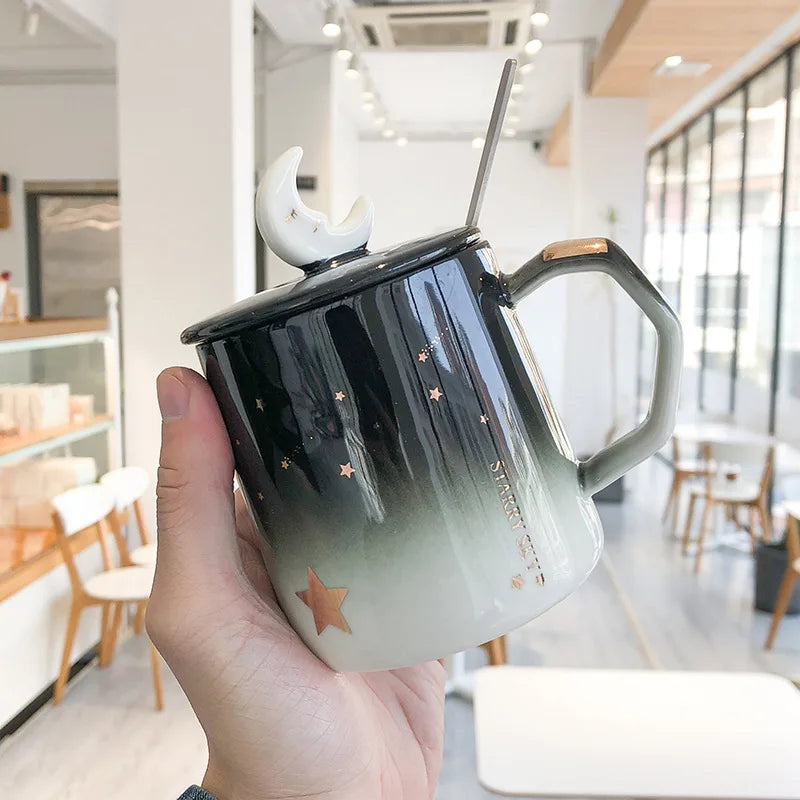 Light Luxury Painted Gold Ceramic Mug,Korean Style Black Mugs,Moon Coffee Cup Creative Mugs Business Office Cup Drinkware