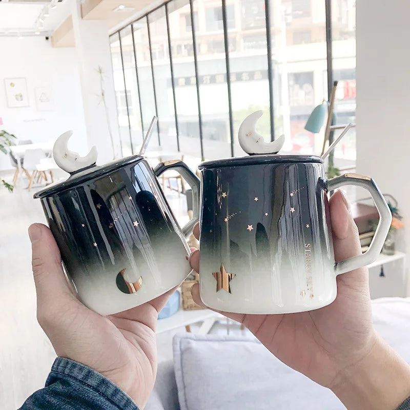 Light Luxury Painted Gold Ceramic Mug,Korean Style Black Mugs,Moon Coffee Cup Creative Mugs Business Office Cup Drinkware
