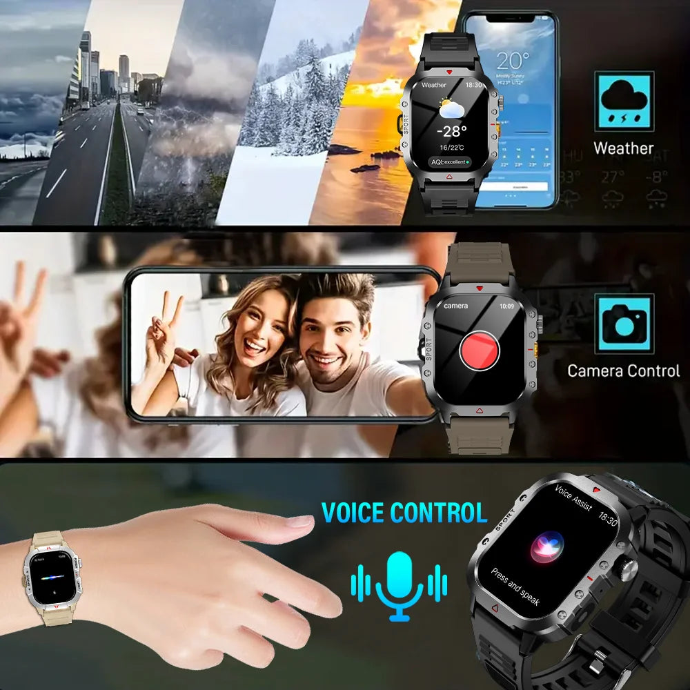 Sports Smart Watch Men'S Outdoor Sports Fitness Tracker Health Monitor LED Flashlight 2.01” Bluetooth Talk Smart Watch