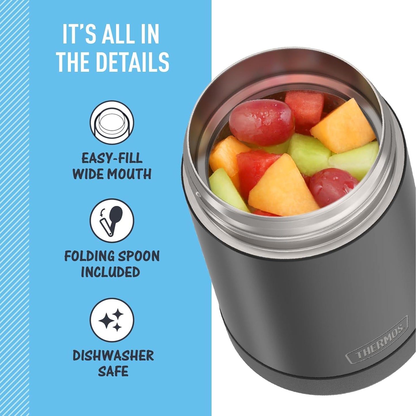 FUNTAINER 16 Ounce Stainless Steel Vacuum Insulated Food Jar with Spoon, Charcoal