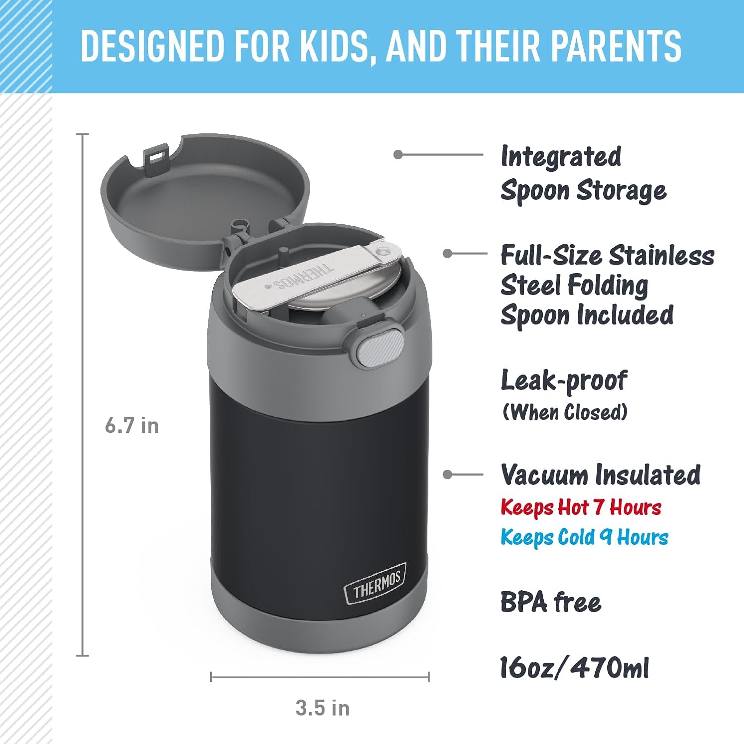 FUNTAINER 16 Ounce Stainless Steel Vacuum Insulated Food Jar with Spoon, Charcoal