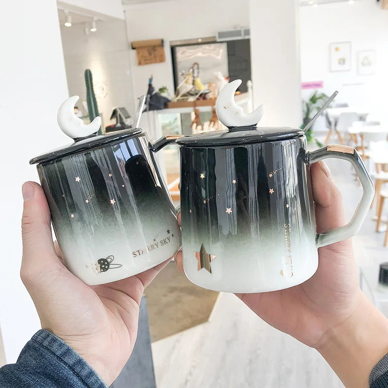Light Luxury Painted Gold Ceramic Mug,Korean Style Black Mugs,Moon Coffee Cup Creative Mugs Business Office Cup Drinkware