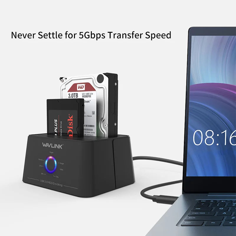 High Speed USB 3.0 to SATA Dual Bay External Hard Drive Docking Station 5Gbps for 2.5/3.5" SSD HDD Fast Offline Clone