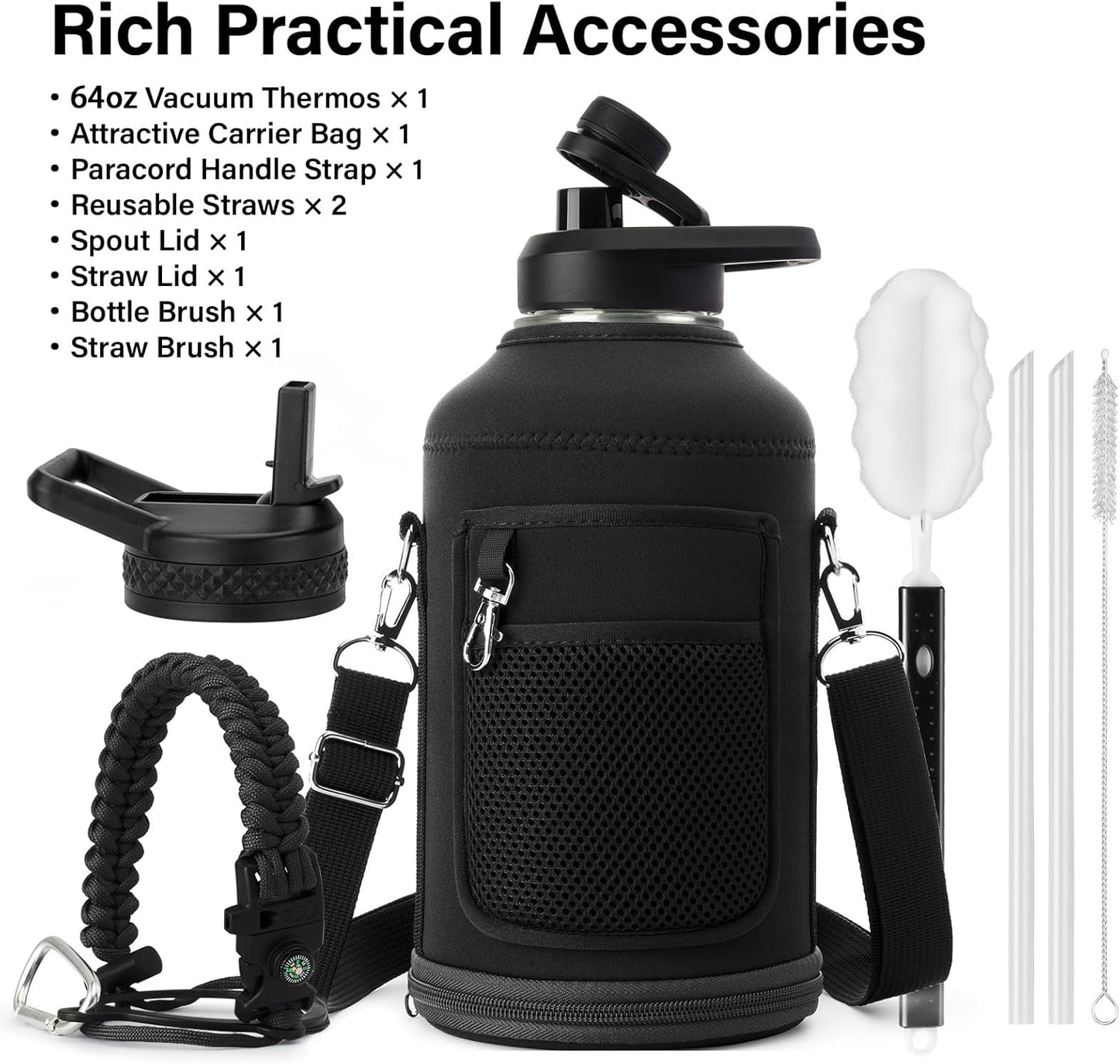 Insulated Water Bottle 64Oz - Multiple Insulation Vacuum Sealed - Portable Sports Half Gallon Metal Water Jug for Outdoor Adventure, Gym, and Daily Use - Leak Proof & Non-Bpa 64 OZ