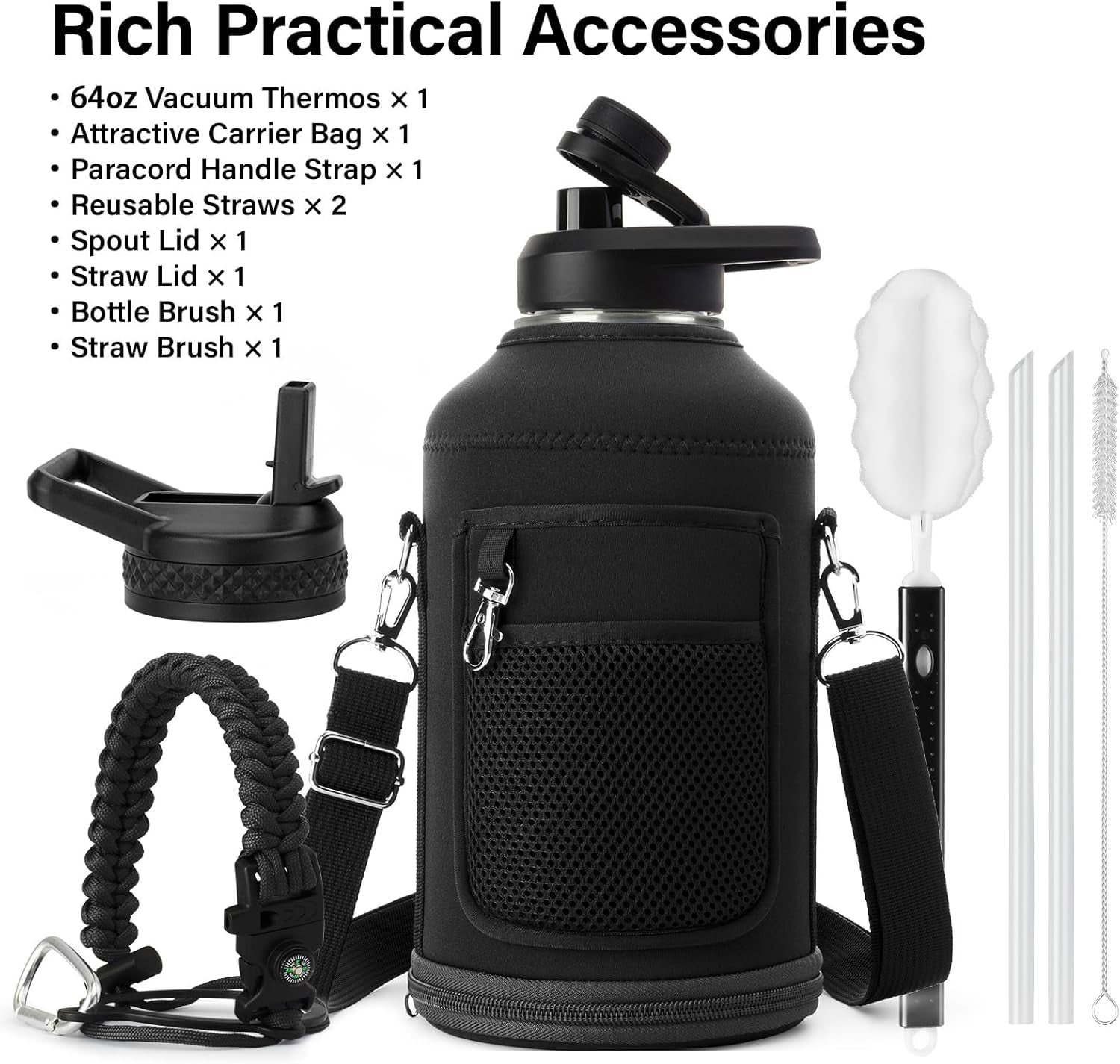 Insulated Water Bottle 64Oz - Multiple Insulation Vacuum Sealed - Portable Sports Half Gallon Metal Water Jug for Outdoor Adventure, Gym, and Daily Use - Leak Proof & Non-Bpa 64 OZ