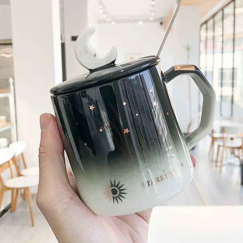 Light Luxury Painted Gold Ceramic Mug,Korean Style Black Mugs,Moon Coffee Cup Creative Mugs Business Office Cup Drinkware