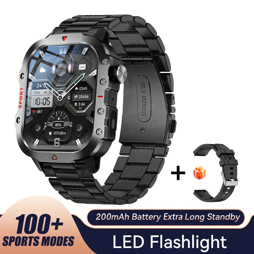 Sports Smart Watch Men'S Outdoor Sports Fitness Tracker Health Monitor LED Flashlight 2.01” Bluetooth Talk Smart Watch