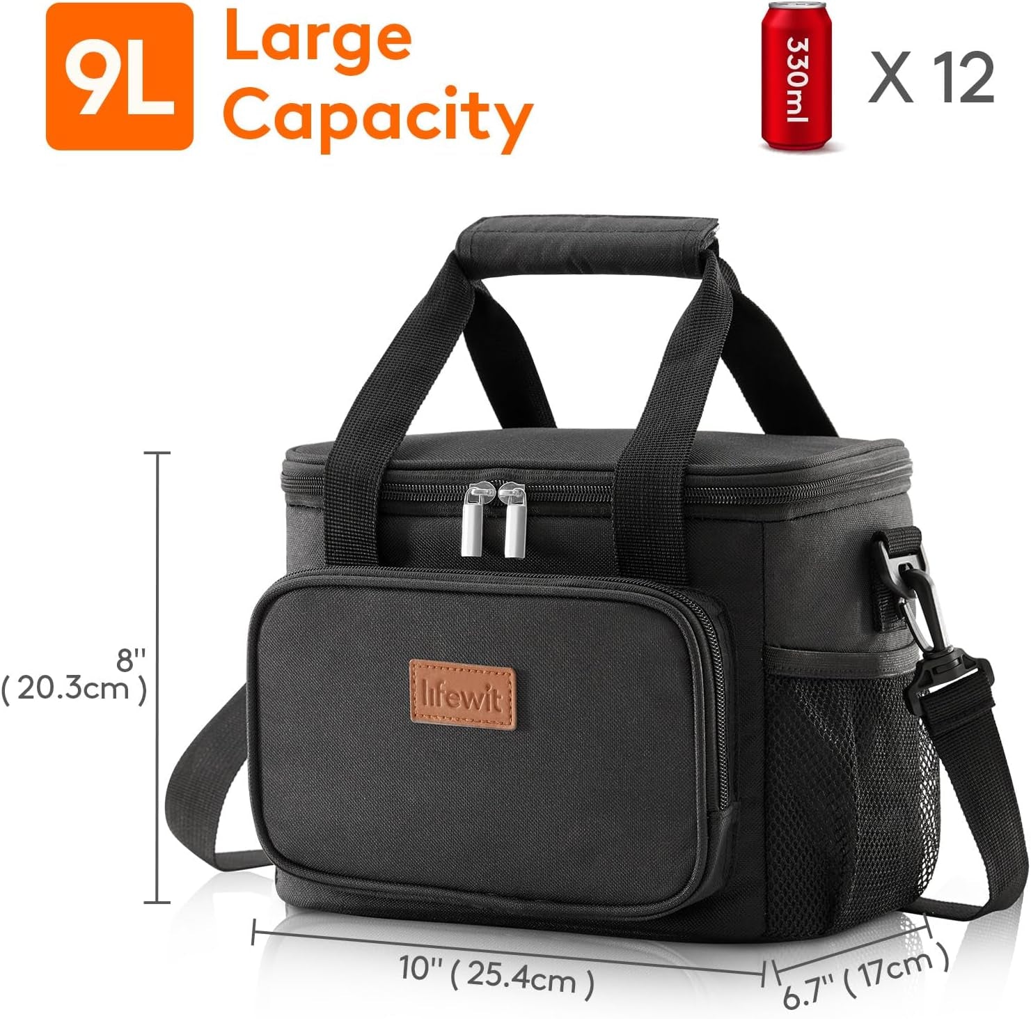 Lunch Bag for Men, Insulated Lunch Box Leakproof Soft Cooler Cooling Tote for Adult Women, Waterproof Reusable Lunch Bags for Work Office Outdoor Picnic Camping, Black, 12-Can (9L)