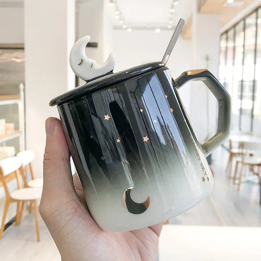 Light Luxury Painted Gold Ceramic Mug,Korean Style Black Mugs,Moon Coffee Cup Creative Mugs Business Office Cup Drinkware